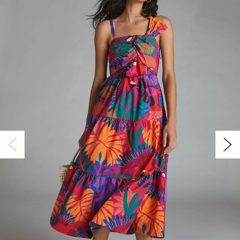 Farm Rio Macaw bowtie Midi Dress size XS Tropical Print